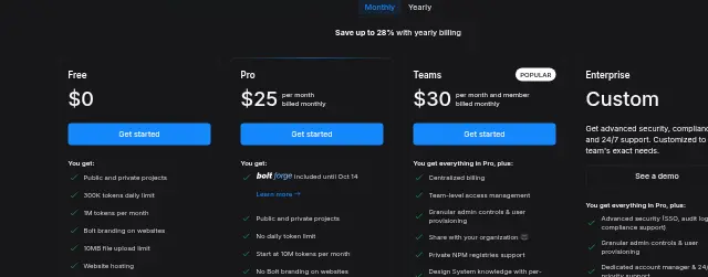 Screenshot of the top of Bolt's pricing page (bolt.new) as captured on Sep 27, 2026.