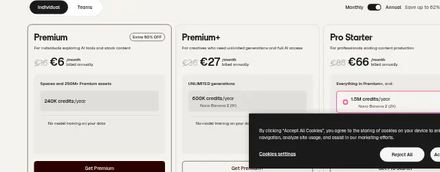 Screenshot of the top of Freepik AI's pricing page (freepik.com) as captured on Sep 28, 2026.
