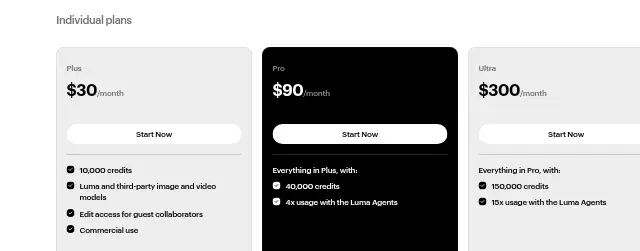 Screenshot of the top of Luma Dream Machine's pricing page (lumalabs.ai) as captured on Sep 28, 2026.