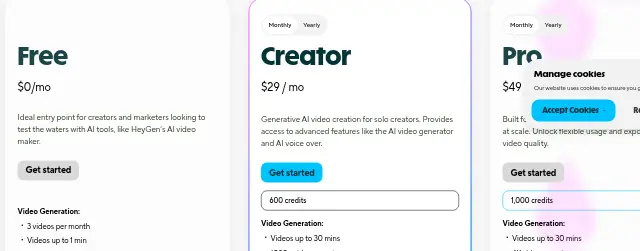 Screenshot of the top of HeyGen's pricing page (heygen.com) as captured on Sep 27, 2026.