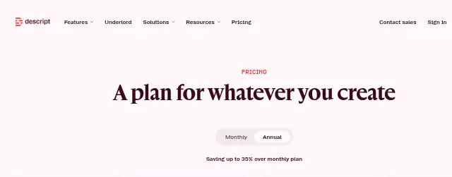 Screenshot of the top of Descript's pricing page (descript.com) as captured on Sep 28, 2026.