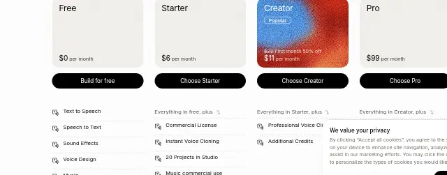 Screenshot of the top of ElevenLabs's pricing page (elevenlabs.io) as captured on Sep 27, 2026.