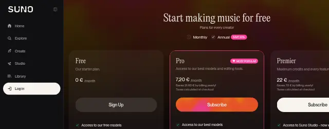 Screenshot of the top of Suno's pricing page (suno.com) as captured on Sep 27, 2026.