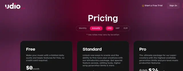 Screenshot of the top of Udio's pricing page (udio.com) as captured on Sep 28, 2026.