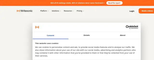 Screenshot of the top of Writesonic's pricing page (writesonic.com) as captured on Sep 28, 2026.