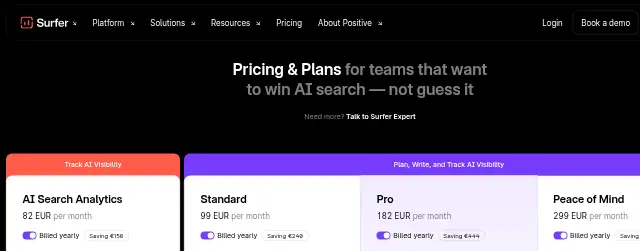 Screenshot of the top of Surfer's pricing page (surferseo.com) as captured on Sep 28, 2026.