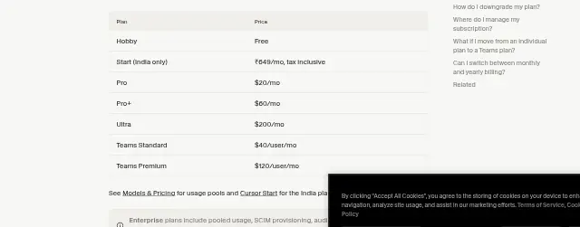 Screenshot of the top of Cursor's pricing page (cursor.com) as captured on Sep 28, 2026.