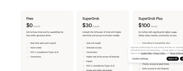 Screenshot of the top of Grok's pricing page (x.ai) as captured on Sep 28, 2026.